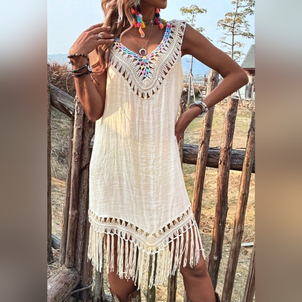 New Boho Fringe Crochet Cover Up Dress Beige Tan Rainbow Multi